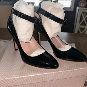 SJP Collection Posh Patent Pumps Black Ankle Strap Stiletto Heels New w/Box